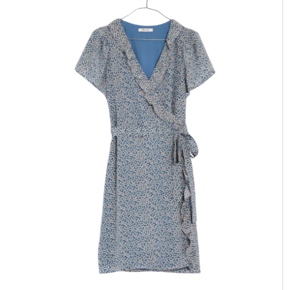 Madewell Silk Blue Floral Ruffle-Edge Wrap Dress in Bitsy Floral size XS EUC